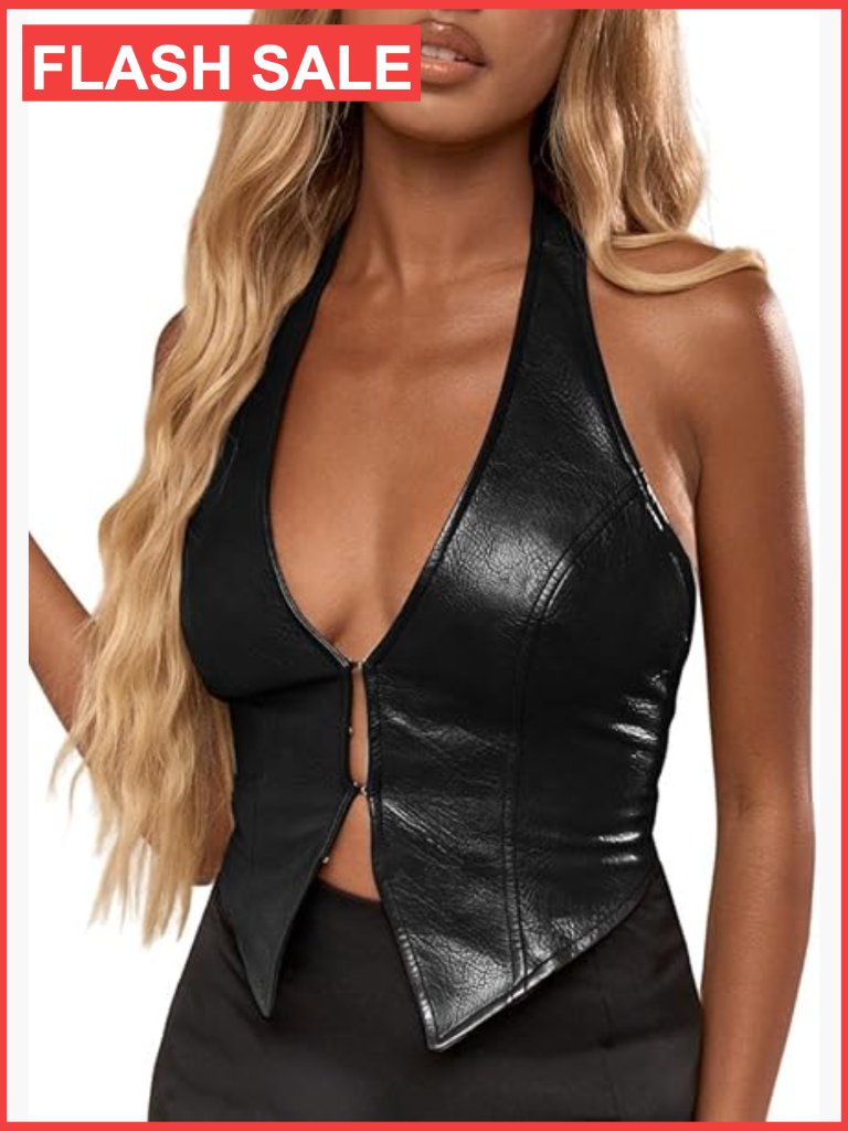 Faux Leather Halter Crop Top, Asymmetrical Vest Club Night Out